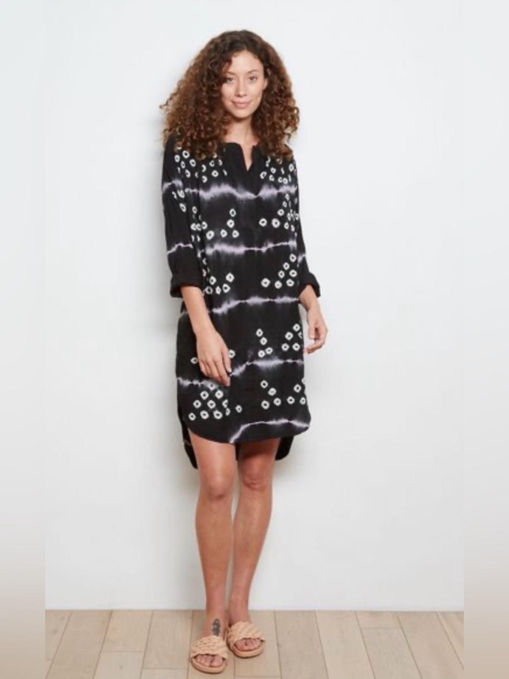 The Odells Hi Low Tie Dye Dress Medium Black White Rayon Tunic Pockets Boho